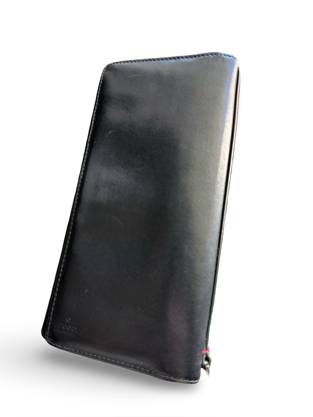 Gucci Smooth Black Leather Vertical Long Wallet with Sherry Web Stripe Edge Acce